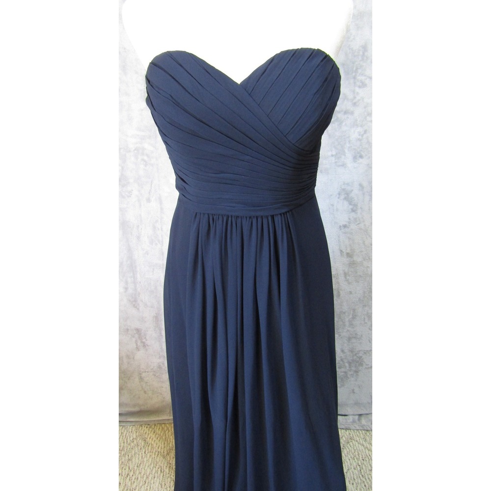Bill Levkoff Strapless Maxi Dress Womens 10‎ Navy Blue Good Ruched Chiffon Gown